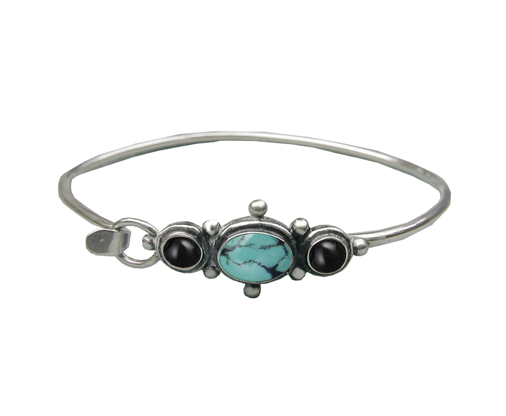 Sterling Silver Strap Latch Spring Hook Bangle Bracelet Chinese Turquoise And Black Onyx